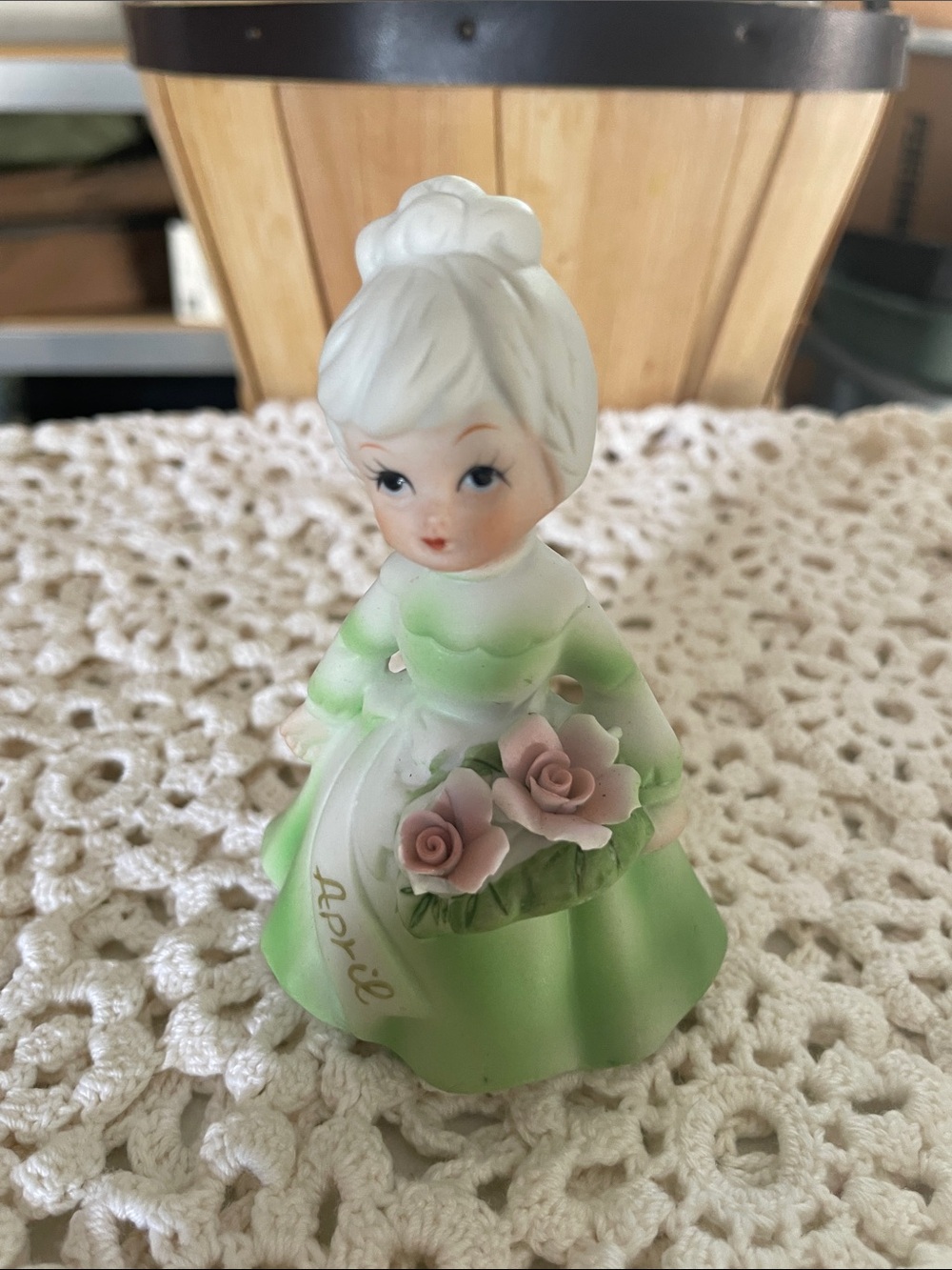 Green Ceramic April Girl Figurine with Pink Roses